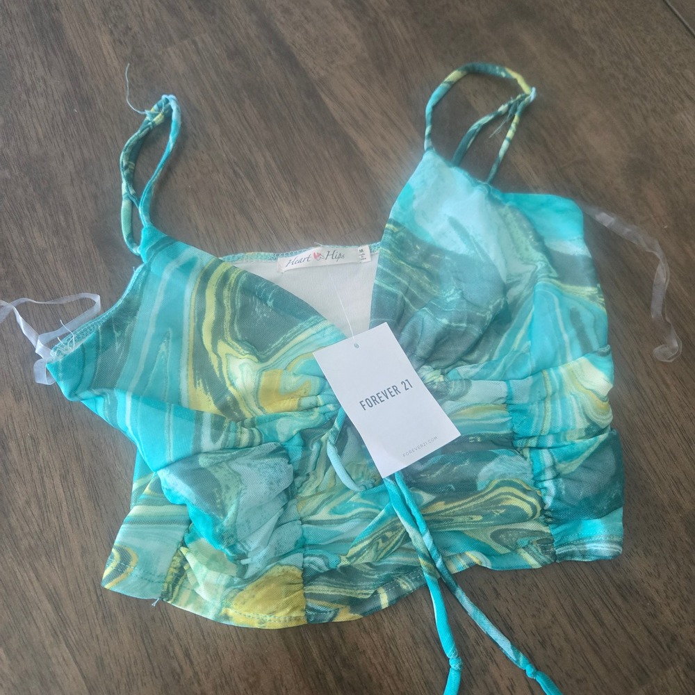 Heart & Hips Forever 21 Teal Green Marble‎ Swirl Mesh Ruched Crop Top Medium NWT